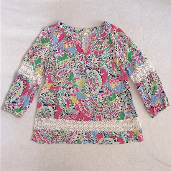 Crown & Ivy | Multicolor Crochet Lace Inset V-Neck Boho Peasant Blouse (M) - Picture 15 of 15
